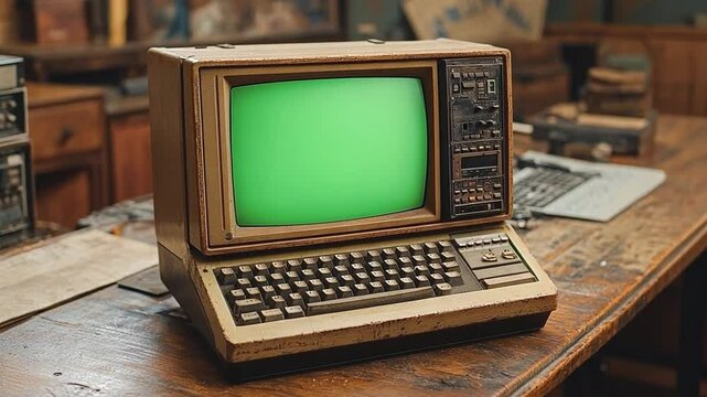 Vintage Computer with Green Screen: A retro beige desktop computer with a green screen sits on a wooden desk, evoking a nostalgic feeling of early computing.
