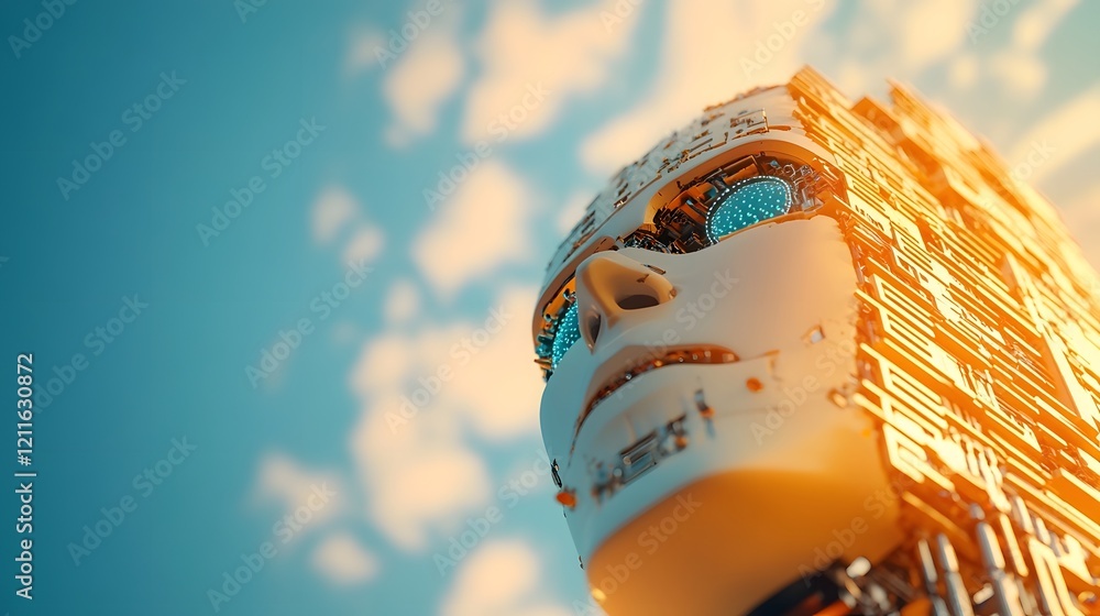 Poster robots using intelligence to construct futuristic skyscraper in urban cityscape