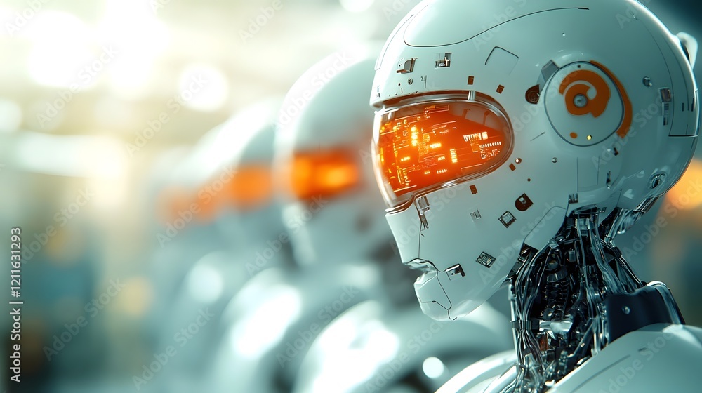 Poster advanced humanoid robots collaborating in a futuristic space station environment