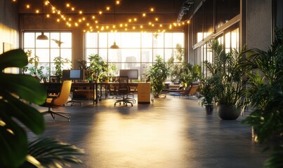 Fototapeta premium Sunlit Modern Office with Lush Greenery and City View