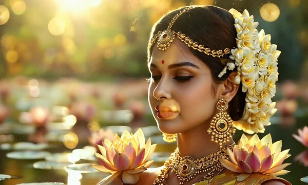 Serene bride, golden jewelry, lotus pond, sunrise