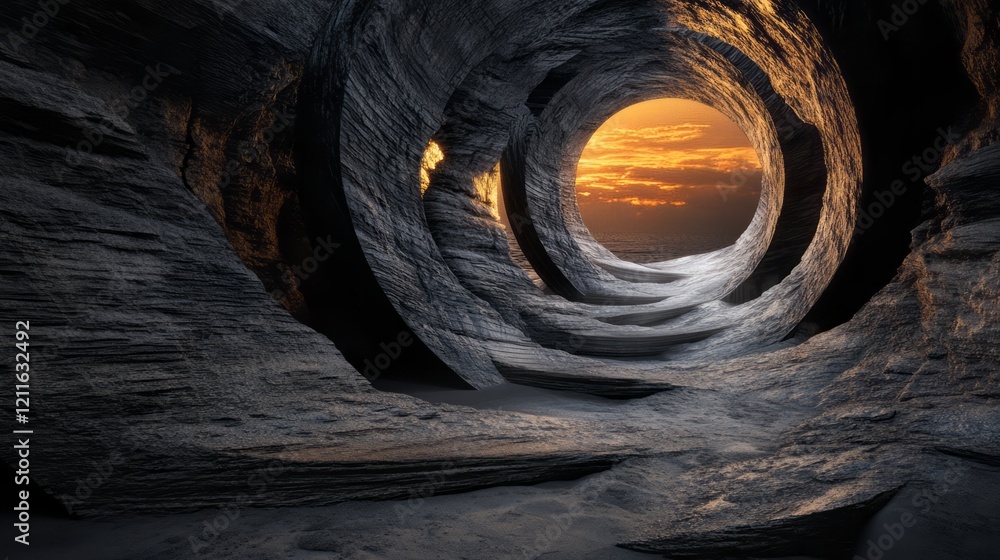 Poster a hyper-realistic photo of an endless spiral tunnel made from smooth rocks. the light at the end is 