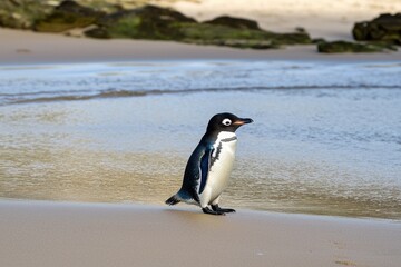 Fototapeta premium A fairy penguin waddling across a sandy beach at Phillip Island, returning from a day of fishing in the ocean