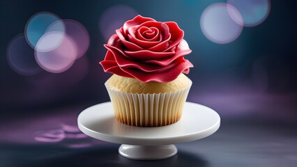 Valentine's Day themed Vanilla cupcake with red frosting shaped like a rose.