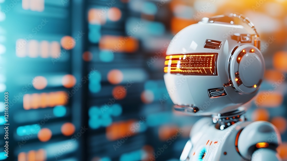 Poster futuristic robots coordinating energy management system to balance grid loads