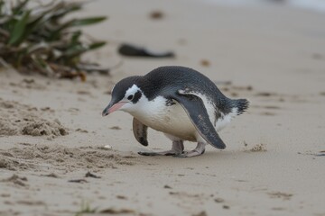 A fairy penguin waddling across a sandy beach at Phillip Island, returning from a day of fishing in the ocean