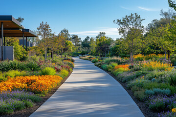 Fototapeta premium Exploring a Vibrant Outdoor Running Lane Bordered by Colorful Bushes