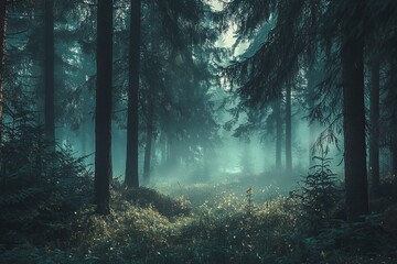 Obraz premium Mystical foggy forest path at dawn.