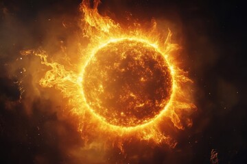 Fiery, blazing star in dark space with swirling nebula.