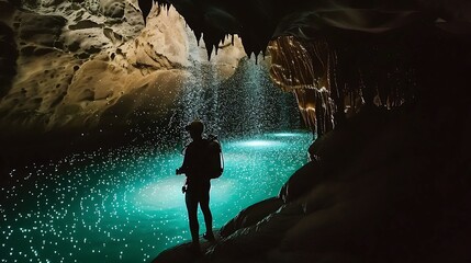 Fototapeta premium A lone explorer stands before a glowing underground lake