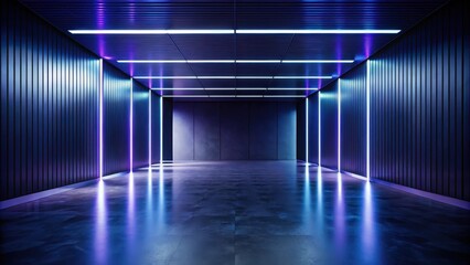Fototapeta premium Futuristic Corridor with Neon Illumination and Reflective Floor, Ideal for Modern Presentation or Artistic Background