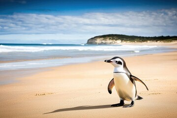 Fototapeta premium A fairy penguin waddling across a sandy beach at Phillip Island, returning from a day of fishing in the ocean