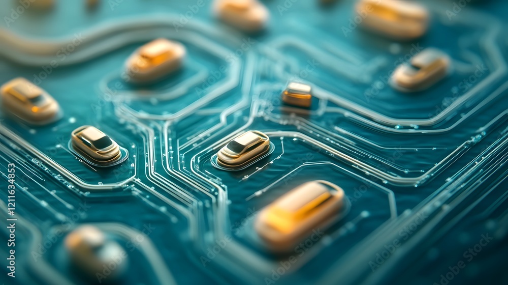 Poster autonomous fleet navigating intricate futuristic waterways with advanced circuit board technology