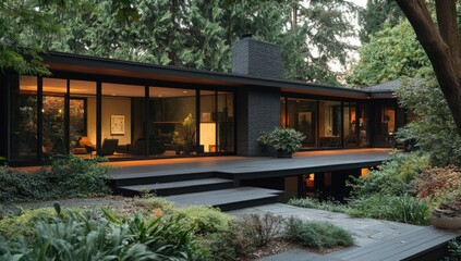 Fototapeta premium Modern Dark House in Lush Greenery