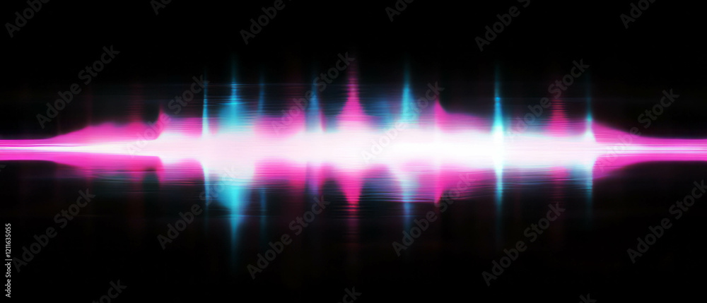 Poster vibrant display of 3d sound waves illuminated by glowing light trails and dynamic effects