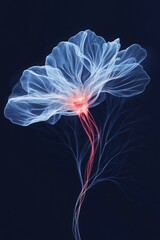 Translucent Daisy flower with vibrant streams of light flowing through its body on dark blue background