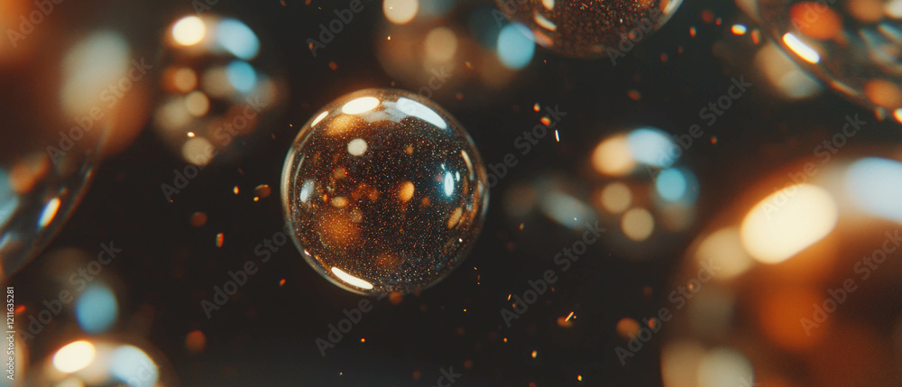 Poster suspended glittering spheres in infinite space create a serene and abstract environment