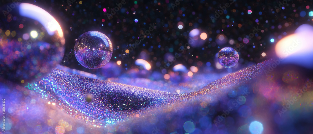 Poster spheres rise from a shimmering pool of glitter and liquid in a mesmerizing abstract landscape