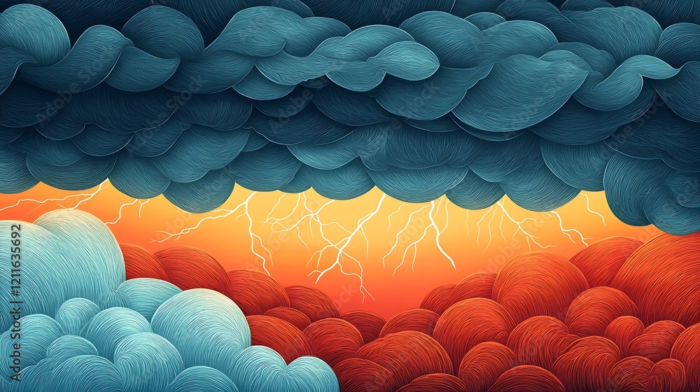 Poster a breathtaking view of a thunderstorm showcasing vibrant lightning striking through dynamic clouds, 