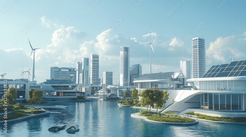 Poster a 3d rendering of a model city in the future, with sleek buildings powered by solar energy and wind 