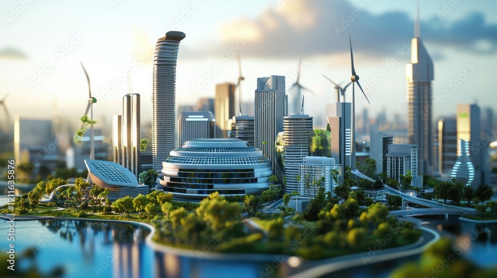 Poster a 3d rendering of a model city in the future, with sleek buildings powered by solar energy and wind 