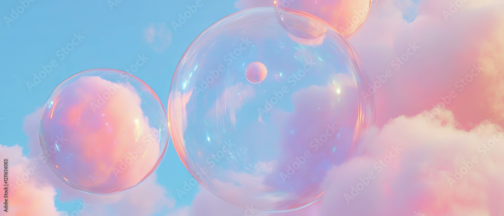 Poster Ethereal abstract background featuring 3D spheres made of clouds and soft glitter textures