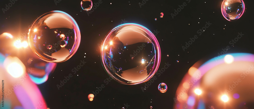 Poster abstract design of 3d liquid mercury spheres with glitter reflections and a dark background