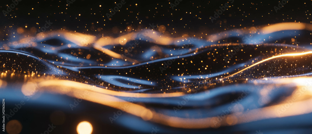 Poster exploration of liquid mercury spheres and glitter in a futuristic abstract design