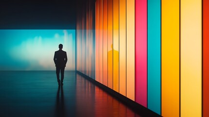Solitary Figure in Vibrant Futuristic Tunnel for Editorial Product Launch