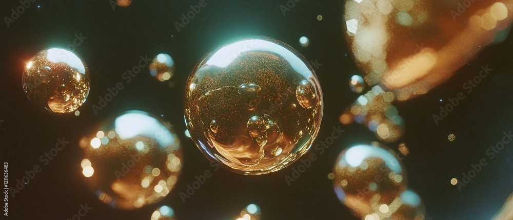 Poster futuristic abstract with 3d spheres of liquid mercury and glitter reflections in dark setting