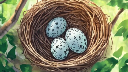 Obraz premium Bird's nest, three speckled eggs, tree branches, sunlight, spring