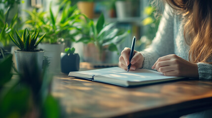 Creative designer writing notes in a notebook and drawing pen on the desk with a modern workspace background.