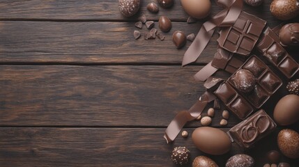 Assorted chocolate delights on rustic wooden background