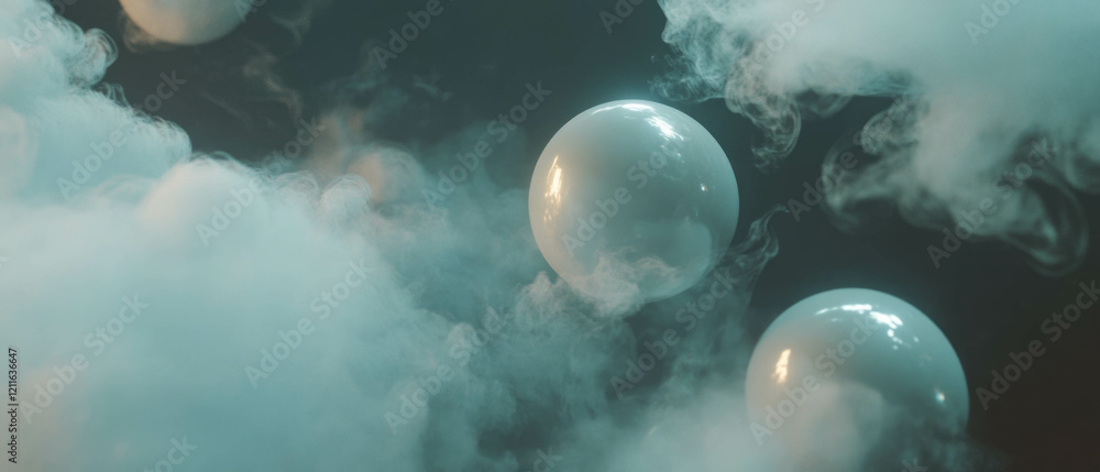 Poster abstract representation of swirling spheres and glitter clouds against a dark backdrop