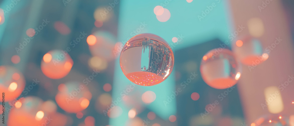 Poster reflective spheres capture vibrant cityscapes and dynamic urban energy in an abstract display