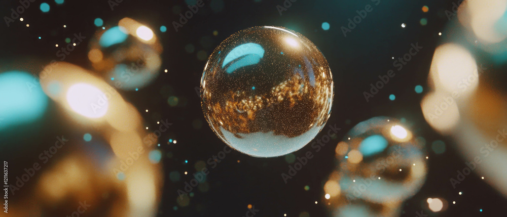 Poster exploration of cosmic spheres with glittering textures in a vast space backdrop