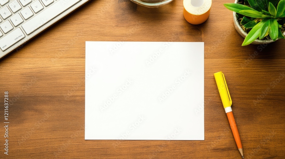 Poster A blank white paper note with a reminder message written on it, placed on a desk with adhesive tape at the edges.