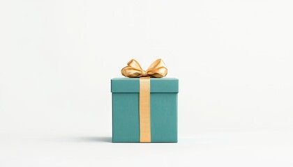 Fototapeta premium A beautifully wrapped teal gift box with a golden ribbon, set against a minimalist white background