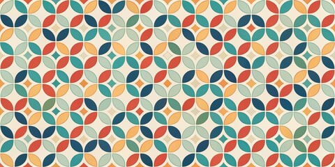Abstract Retro Geometric Floral Pattern Design with Interlocking Colorful Shapes and Subtle Texture