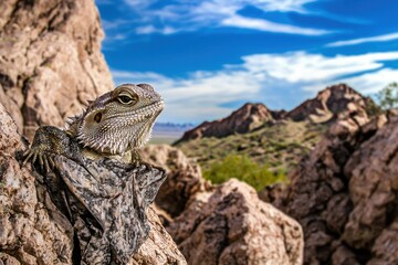 Fototapeta premium A frilled lizard displaying its frill in a defensive posture, camouflaged against a rocky desert terrain.