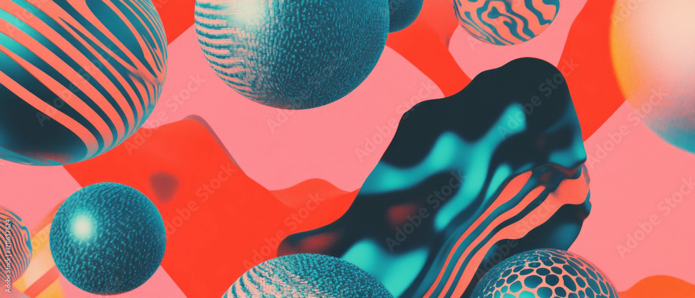 Poster Dynamic abstract background of 3D spheres with intricate geometric patterns and vibrant colors