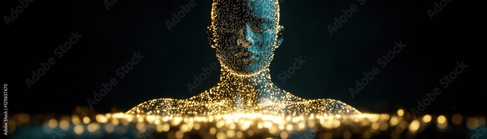 Poster captivating 3d render of a glowing human figure surrounded by particles, representing concepts of te