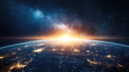 Fototapeta premium A breathtaking panoramic view of glowing city skyscrapers with a rotating Earth in the background, framed by a starry space and urban lights.