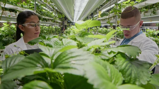 Medium shot of young concentrated Caucasian male agricultural expert inspecting strawberry plants with young female biracial colleague taking notes, working in hydroponic vertical farm together