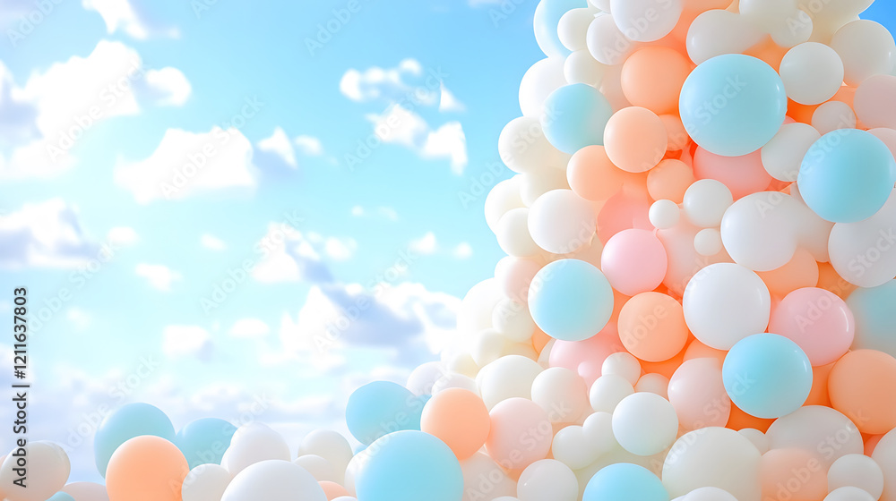 Poster A vibrant array of colorful balloons against a bright blue sky, creating a whimsical and cheerful atmosphere