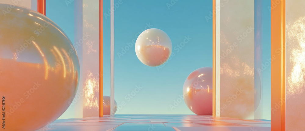 Poster Colorful abstract background featuring luminous spheres with geometric patterns and sharp lines