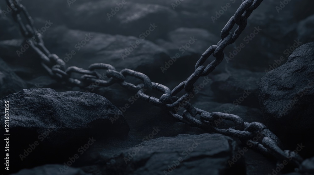 Poster a broken chain lies across dark gray rocks with a shadowy, moody background, symbolizing strength an