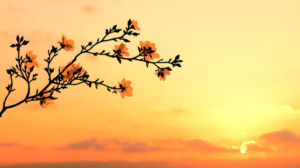 Fototapeta premium A serene sunset featuring delicate flowers on a branch, casting a warm glow against the vibrant sky