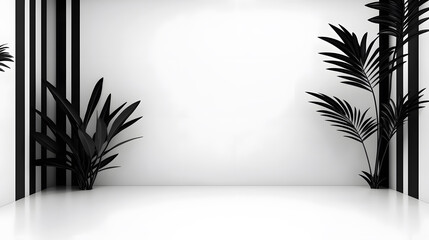 A minimalist interior featuring black plants against a white wall, creating a clean and modern aesthetic