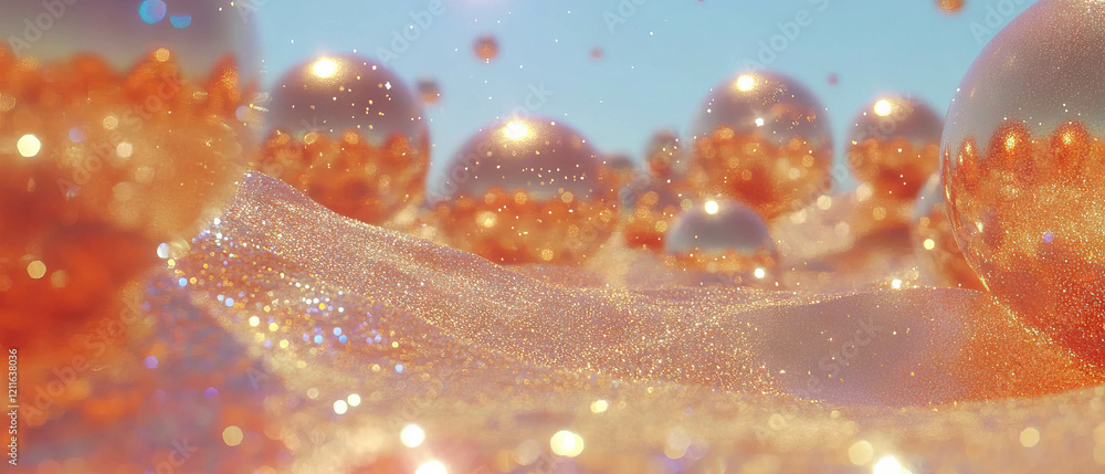 Poster dynamic abstract background of 3d spheres with glitter particles reacting to sound waves